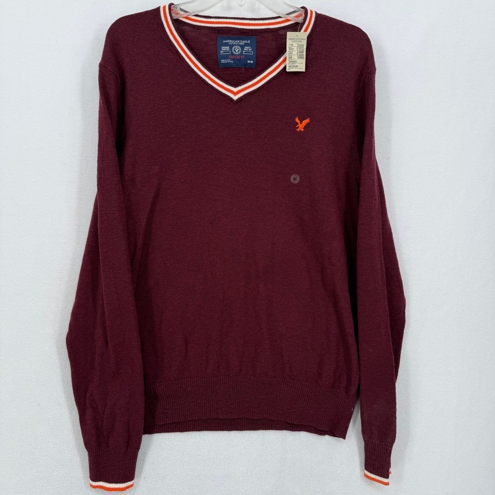 American Eagle Mens Sweater Size M Burgundy Red Athletic Fit V-neck
